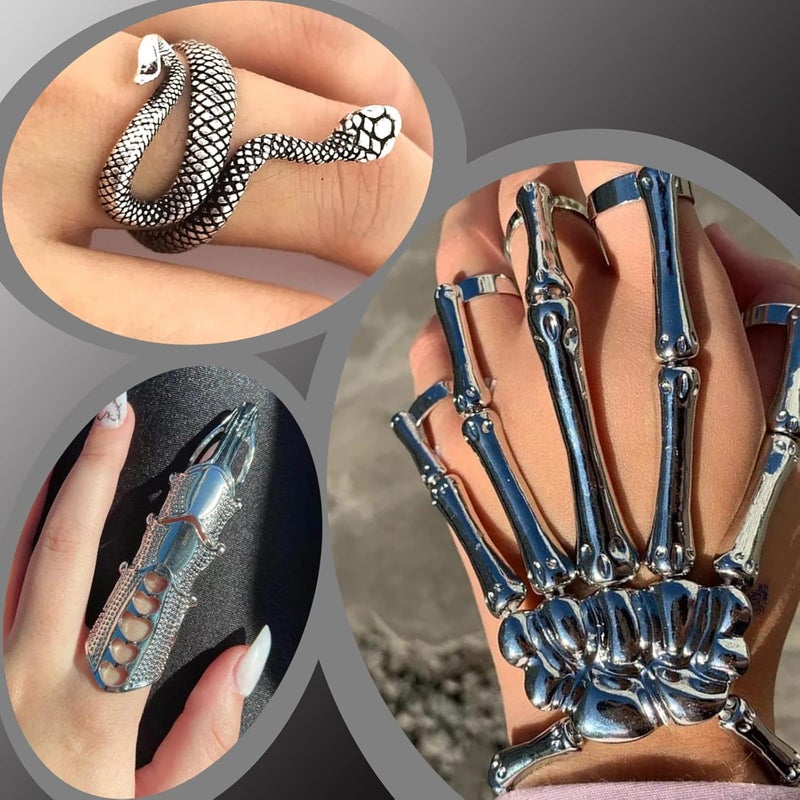 Taichell Store Skeleton Hand Bracelet Halloween Jewelry Decoration Skull Skeleton Hands with Snake Full Finger Rings for Women Men Punk Goth Bracelets Rings Jewelry Halloween Cosplay - Image 3